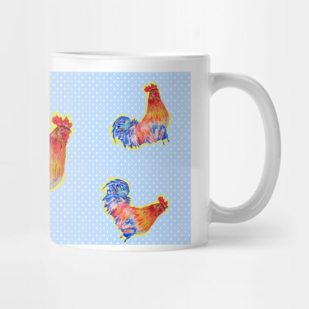 Rooster Chicken Funny Watercolor Blue Polka Dot by SarahRajkotwala